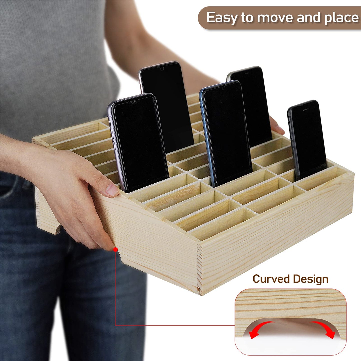 Ozzptuu 36-Grid Wooden Cell Phone Holder Desktop Organizer Storage Box for Classroom Office (36-Grid)