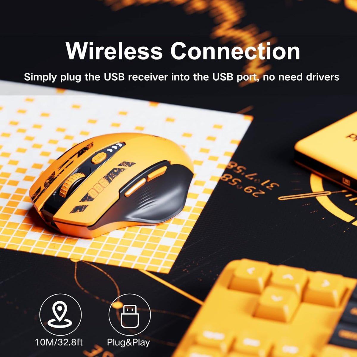 Wireless Mouse,Upgraded 2.4GHz Rechargeable (Battery Level Visible) Ergonomic Computer Mouse,4 Levels DPI, Wireless Mice for Laptop Computer(Yellow)