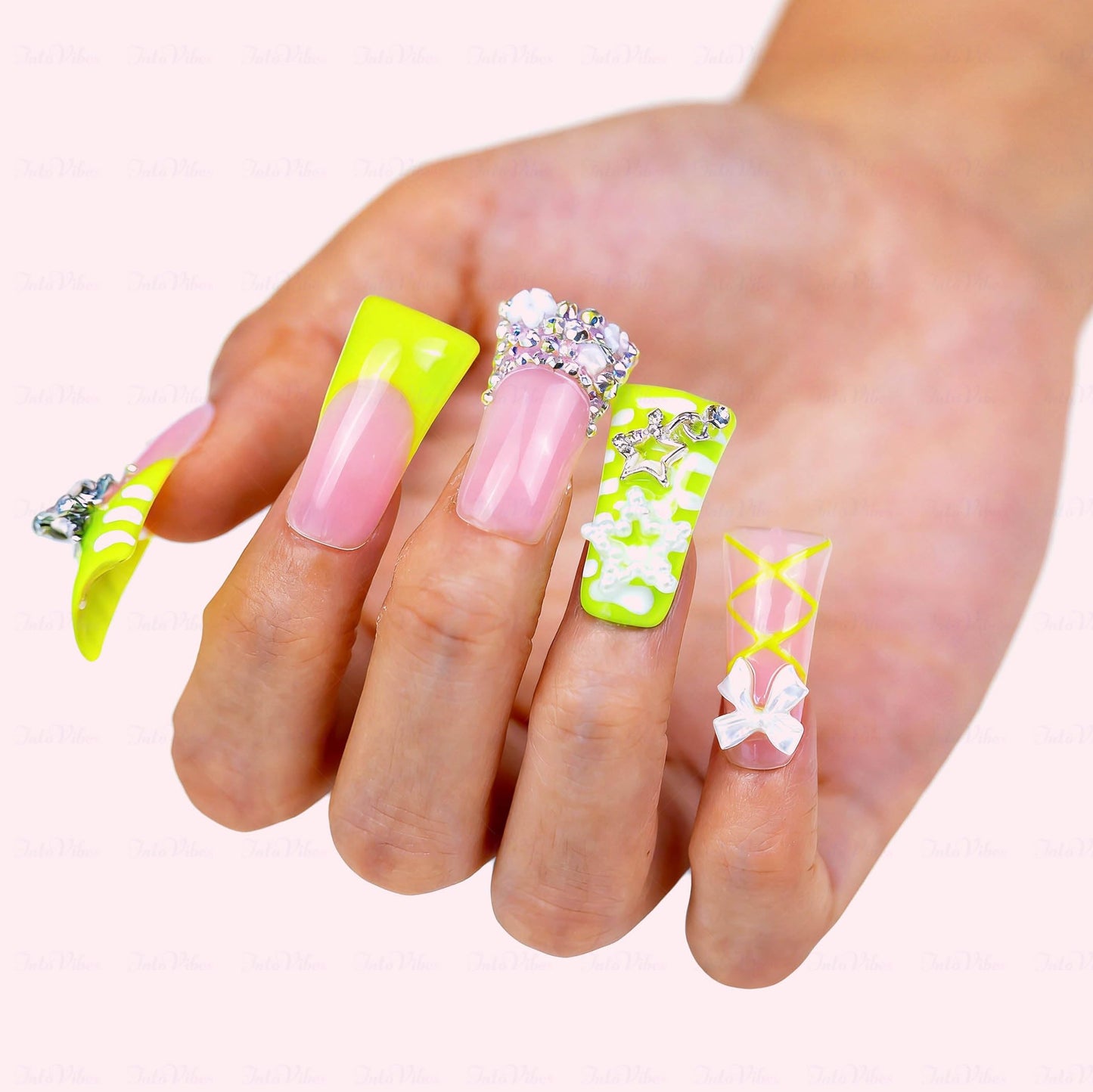IntoVibes 10 Pieces Luxury Acrylic Press On Nails Long Handmade Duck Nails, Green Thickened False French Nails, With 3D Bowknot And Stars, Reusable Fake Nails, Acrylic Nails (L)