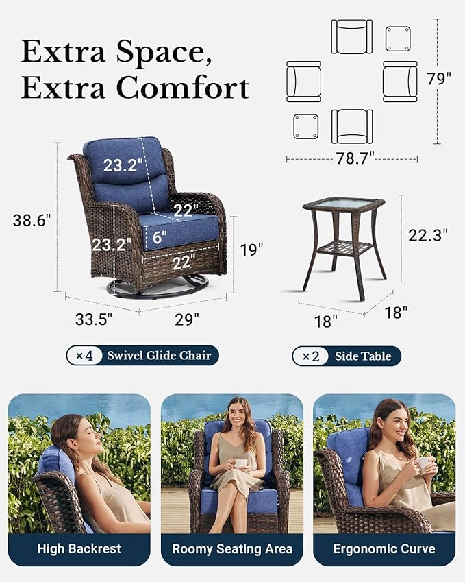 HILLGA Luxury Patio Furniture Set with 6-Inch Thick Cushions, High Back Outdoor Swivel Rocker Chairs and Table, 6-Piece All Weather Conversation Set for Porch Deck Balcony Yard, Blue (V3)