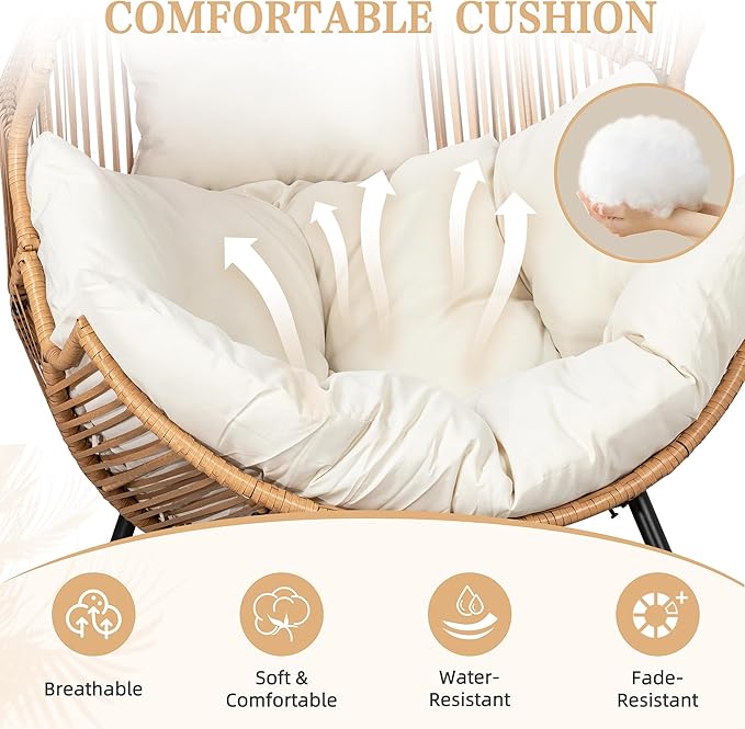 Vongrasig Wicker Egg Chair PE Rattan Rocking Chair with Cushion, Oversized Patio Lounge Rocker Chair for Outdoor, Indoor, Balcony, Backyard, Garden, Beige