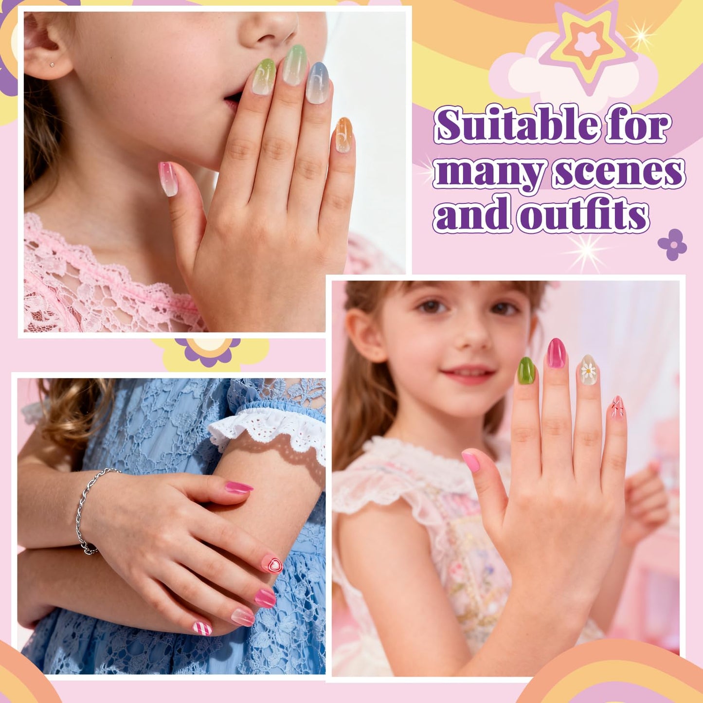 104 Pieces Press on Nails for Kids 4 Pack Artificial Fake Nails for Girls Kid Press on Nails for 8-12 Birthday Gift for Children Kids Little Girl Nail Art Decoration ﻿