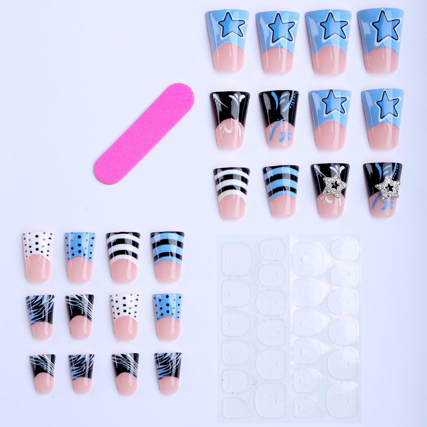 Long Press on Nails Duck Fake Nails Blue Acrylic Nail Press Ons Seeneey Black White Y2K Polka Dots Stripes Star Rhinestone Stick on Nail for Women 24pcs