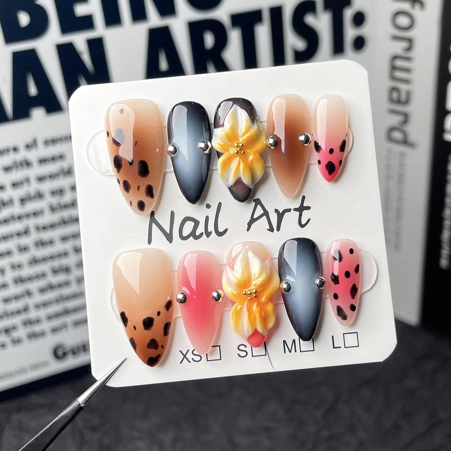 Luxury Press on Nails Medium Almond Handmade 3D Unique Reusable ABS Material Fake Nails False Nails with Designs Yellow Flower Leopard Art Petal Pink Glossy Glue on Thick Acrylic Nails(S)