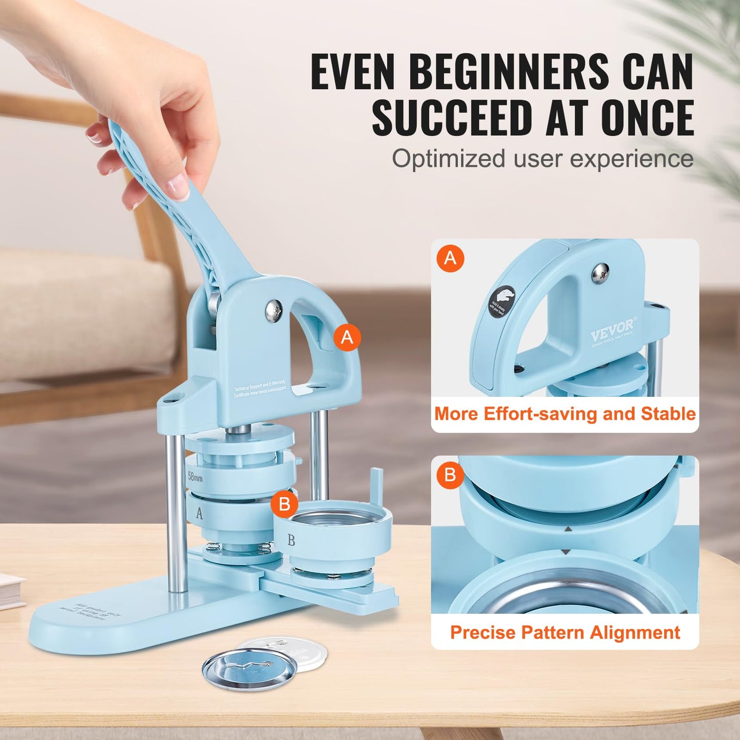 VEVOR Button Maker, 1/1.25/2.28 inch(25/32/58mm) 3-in-1 Pin Maker, 300pcs Button Parts, Ergonomic Arc Handle Punch Press Kit, Button Maker Machine with Panda Magic Book, for Children DIY Gifts, Blue
