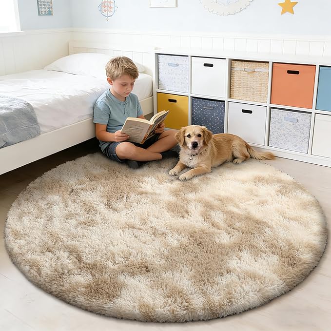 Fluffy Round Rug,Soft Area Rugs for Girls Room,Shaggy Rugs 5'X5' for Living Room,Non Slip Circle Rug for Kids Bedroom,Shag Plush Nursery Carpets,Fuzzy Rug for Dorm,Room Decor Carpet,Tie-Dyed Beige