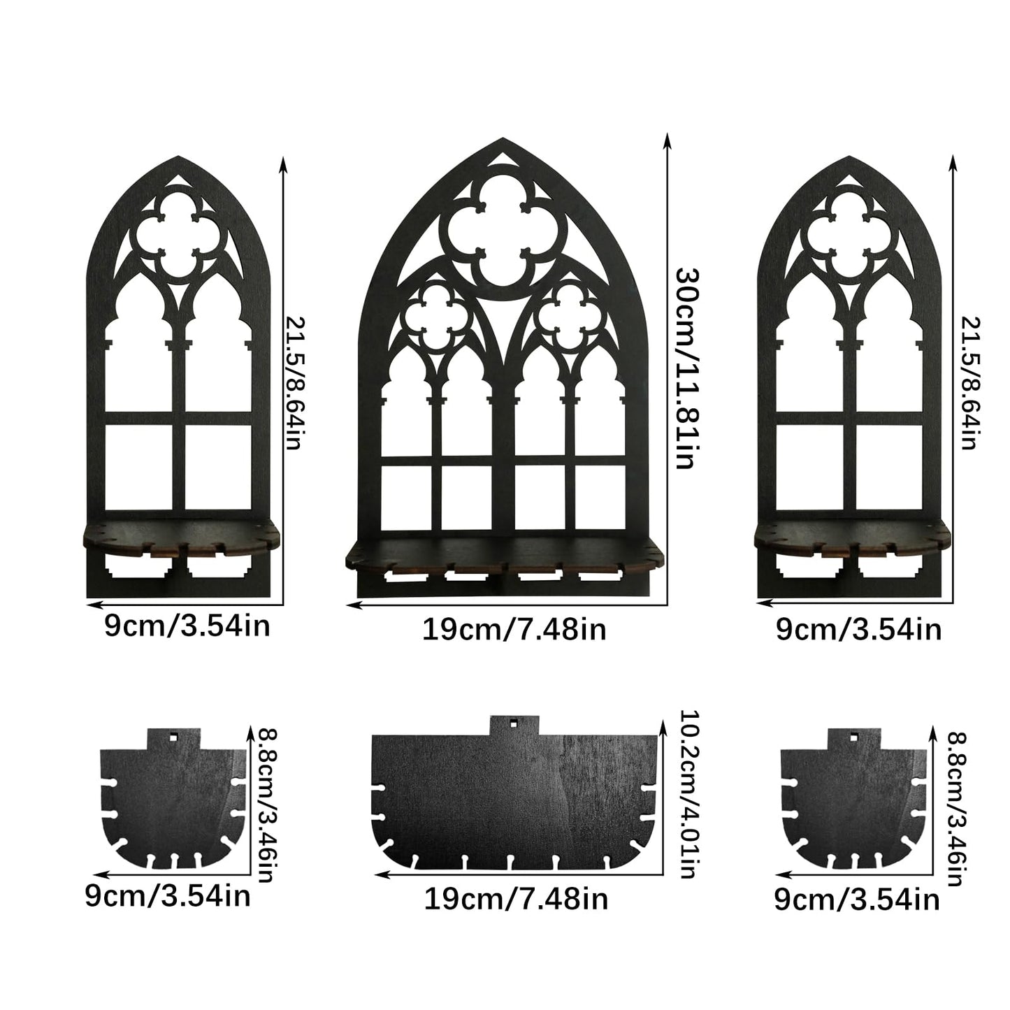 Artilady Crystal Display Shelf - 3 PCS Cute Window Shaped Floating Shelves for Wall Bedroom, Black Witchy Room Decor, Gothic Halloween Wall Decor for Home