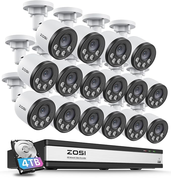 ZOSI 16CH 4K PoE Security Camera System,16pcs 4MP Weatherproof PoE IP Cameras Outdoor Indoor,Smart Human Vehicle Detection,100ft Night Vision,16 Channel 8MP/4K NVR with 4TB HDD for 24/7 Recording