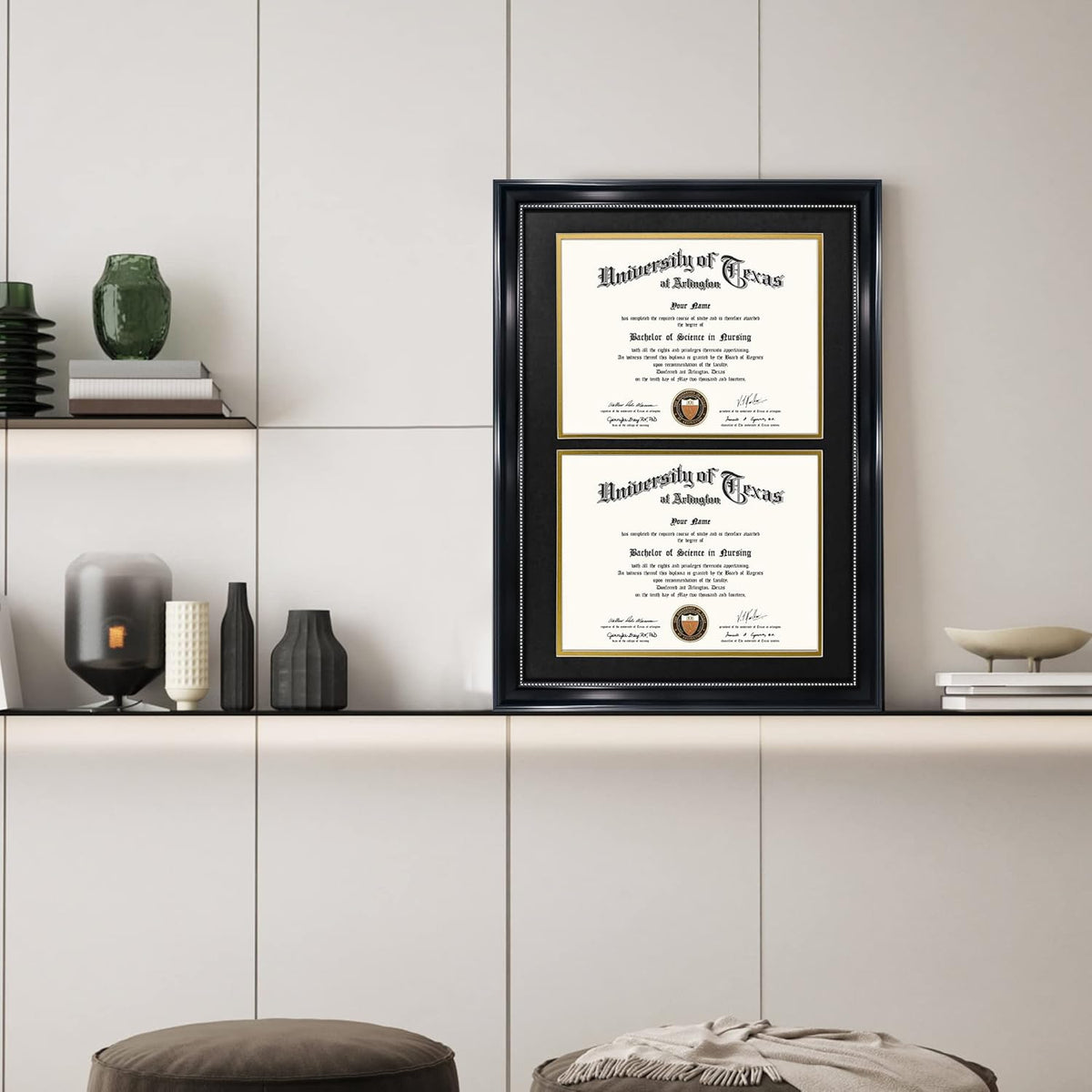 GraduationMall 14x20 Double Diploma Frame, Display 8.5x11 Certificate with Black over Gold Mat,UV Protection Acrylic,Black with Silver Beads