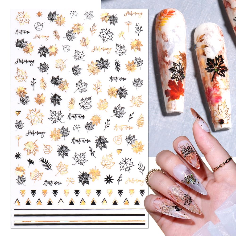 8 Sheets Fall Leaves Nail Art Stickers Gold Maple Leaf Self-Adhesive Nail Decals 3D Stickers Foil Autumn Maple Nail Designs Laser Shiny Manicure Tip Fall Nail Decorations for Thanksgiving Day Supplies