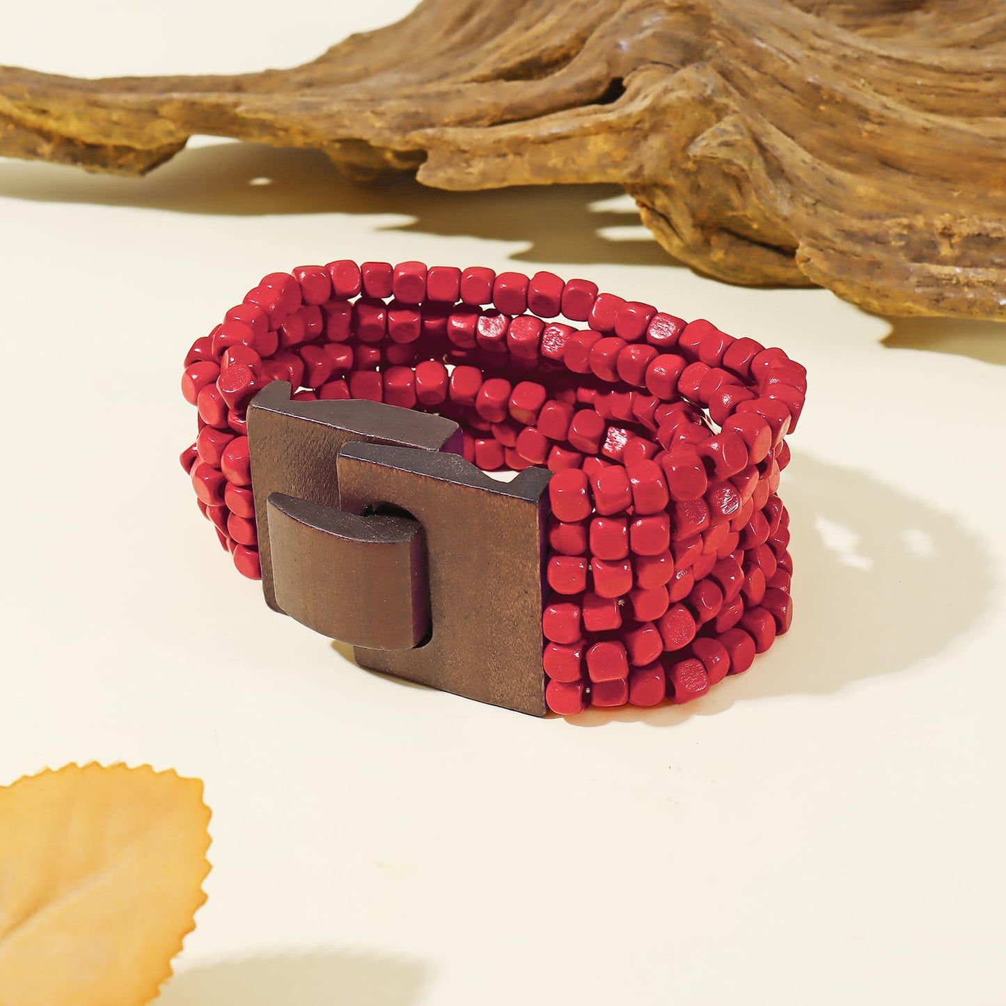 Coiris Boho Bangle Bracelets for Women Wooden Beaded Bracelets Chunky Bohemian Beach Bracelets Jewelry for Women(BR1235-Red)