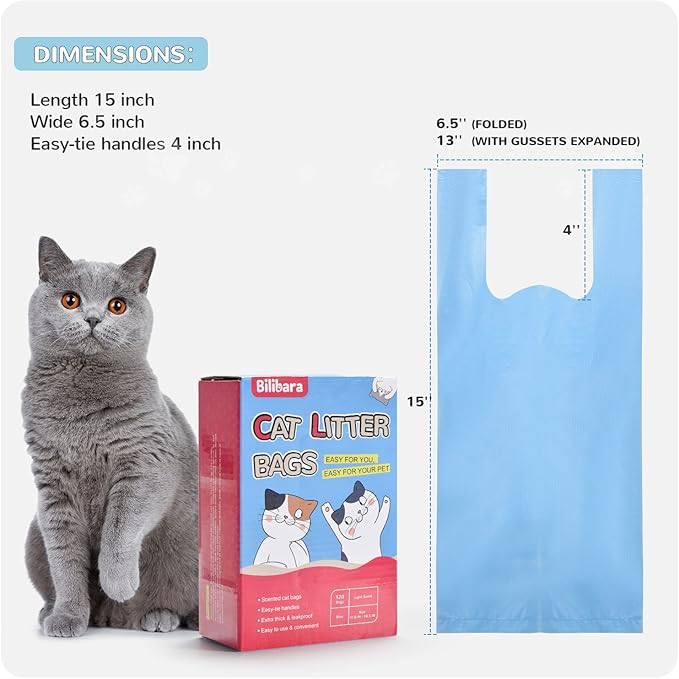 Bilibara Cat Litter Bags, 120 Count, Ultra Thick, Scented, Leak-Proof, Disposable, 15 Liters Capacity