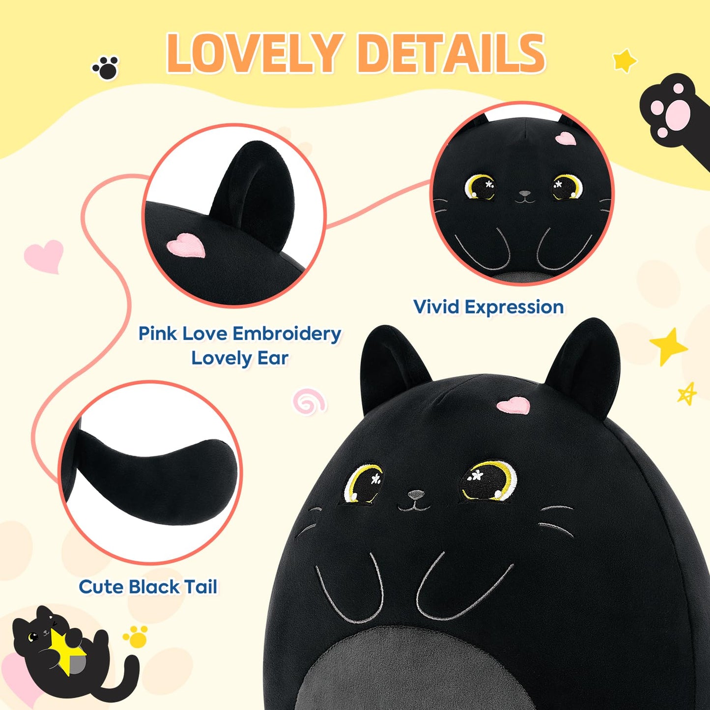 PEACH CAT Original Black Cat Stuffed Animal 12" Cute Kitten Plushies Soft Plush Toys Gifts for Kids