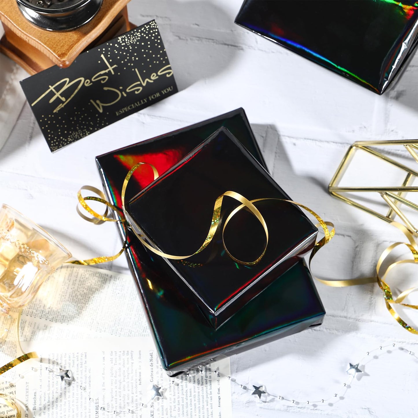LeZakaa Black Wrapping Paper Roll - Holographic Iridescent Wrapping Paper for Birthday, Valentine's, Halloween, Holiday Party - 17 inches x 32.8 Feet &12PCS Pull Bows Assortment with Ribbon