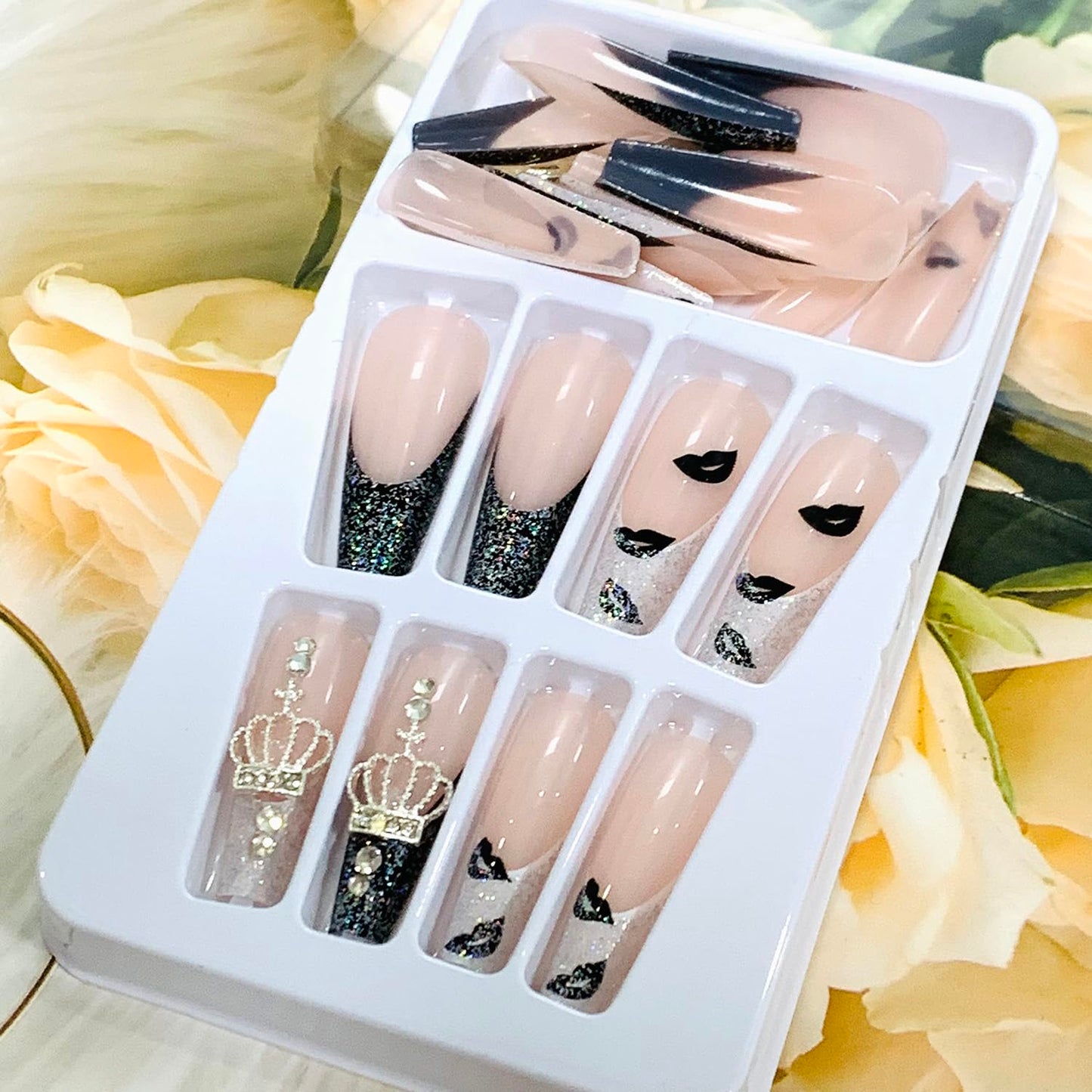 Vezocim French Tips Press on Nails Coffin Long Glossy Full Cover Acrylic Square Fake Nails with Crown Gems Designs Extra Long Artificial False Nails Glue Stick on Fingernails with Charm for Women