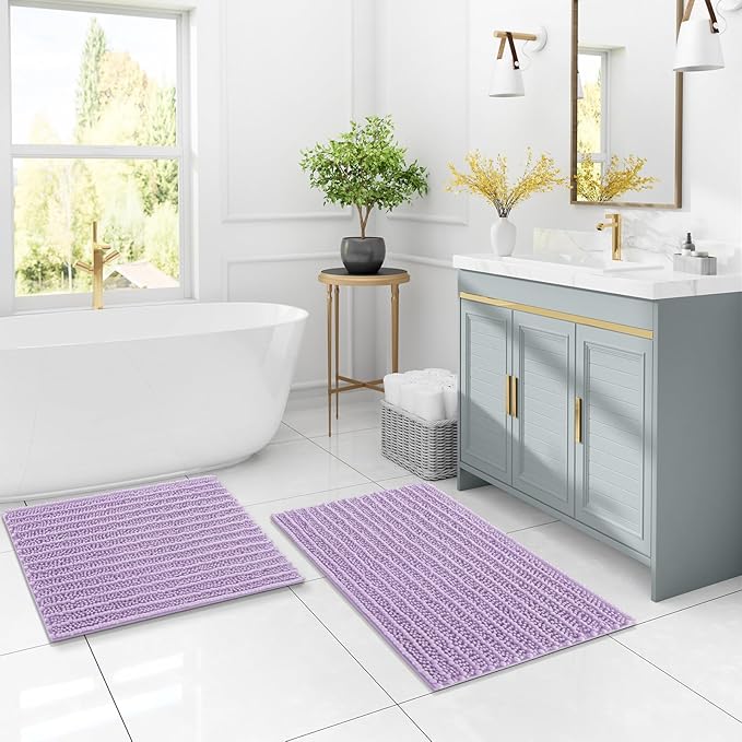 Arotive Luxury Chenille Bathroom Rug Mat, Extra Soft Thick Absorbent Shaggy Bath Rugs, Non-Slip Machine Wash Dry, Plush Bath Mats for Bathroom, Shower and Tub, 24x16, Light Purple