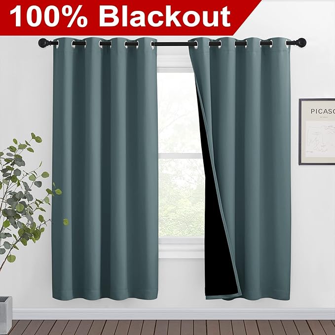 NICETOWN 100% Blackout Window Curtain Panels, Full Light Blocking Drapes with Black Liner for Nursery, 72-inch Drop Thermal Insulated Draperies (Greyish Blue, 2 Pieces, 46-inch Wide Per Panel)