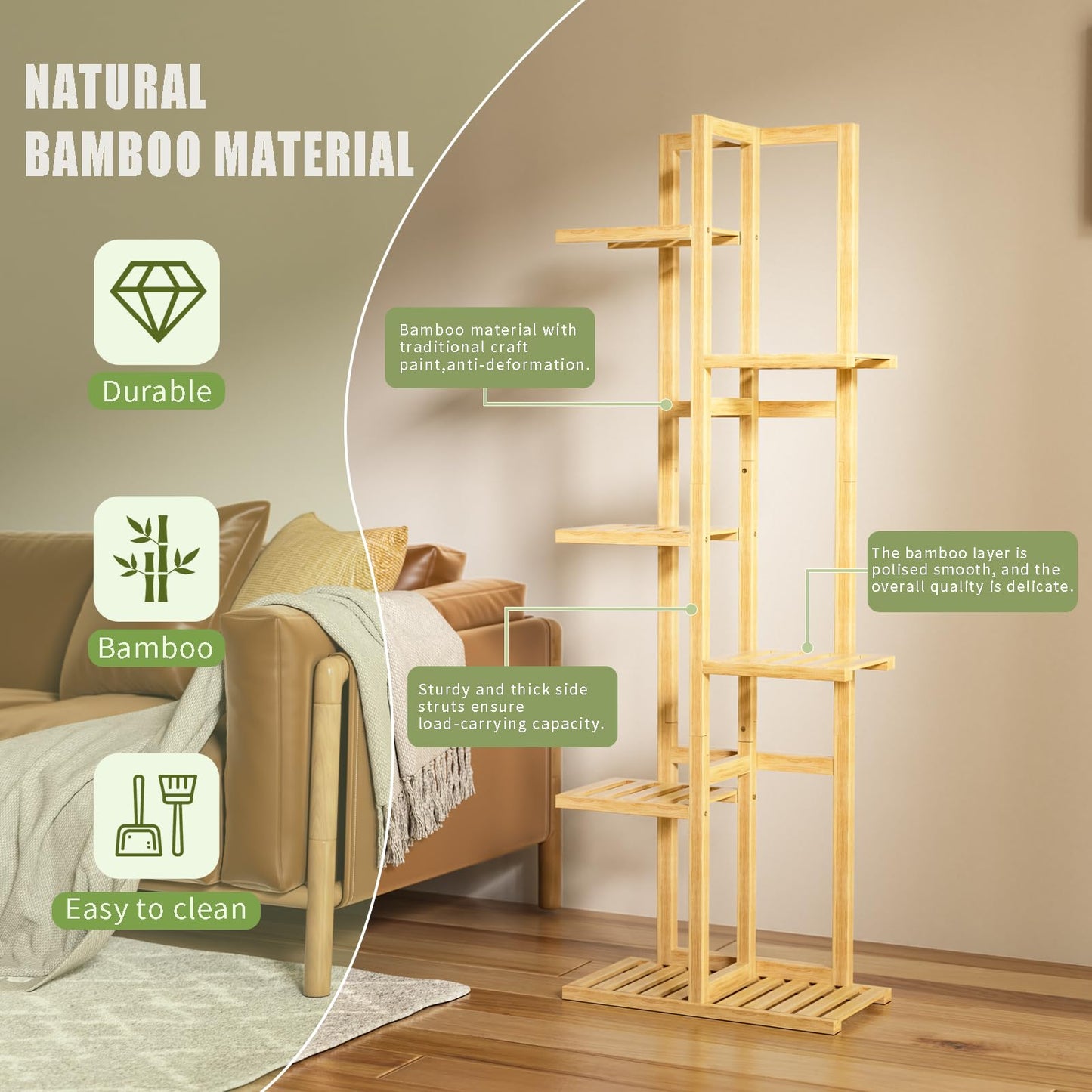 ROMGUAR CRAFT 6 Tier Bamboo Plant Stand Indoor, Wood Tall Flower Holder Corner Tiered Plant Shelf for Multiple Plants (Natural)