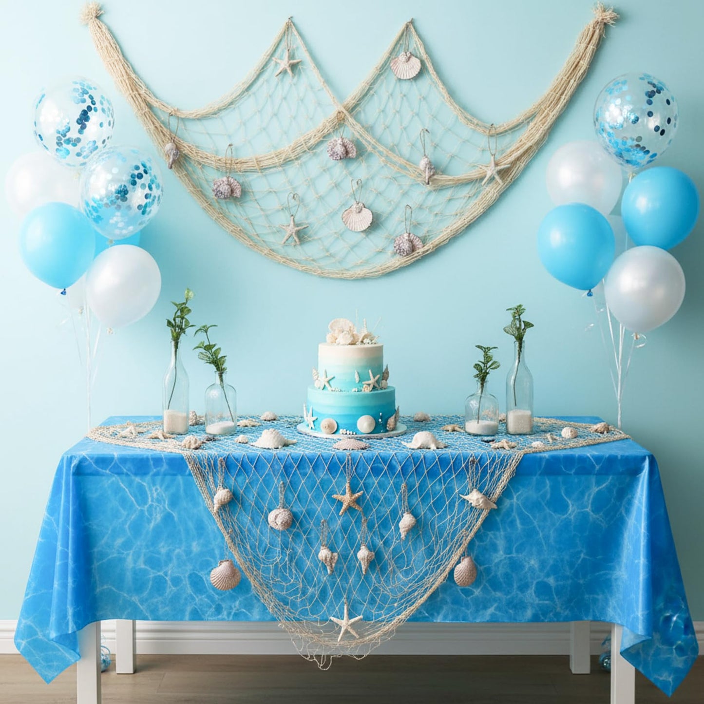 Breling 18 Pcs Fishing Net Decorative and Ocean Waves Tablecloth Set Cotton Fishing Net with Shells Starfish Conch Shells for Nautical Pirate Mermaid Sea Party Wall Decor(Beige)