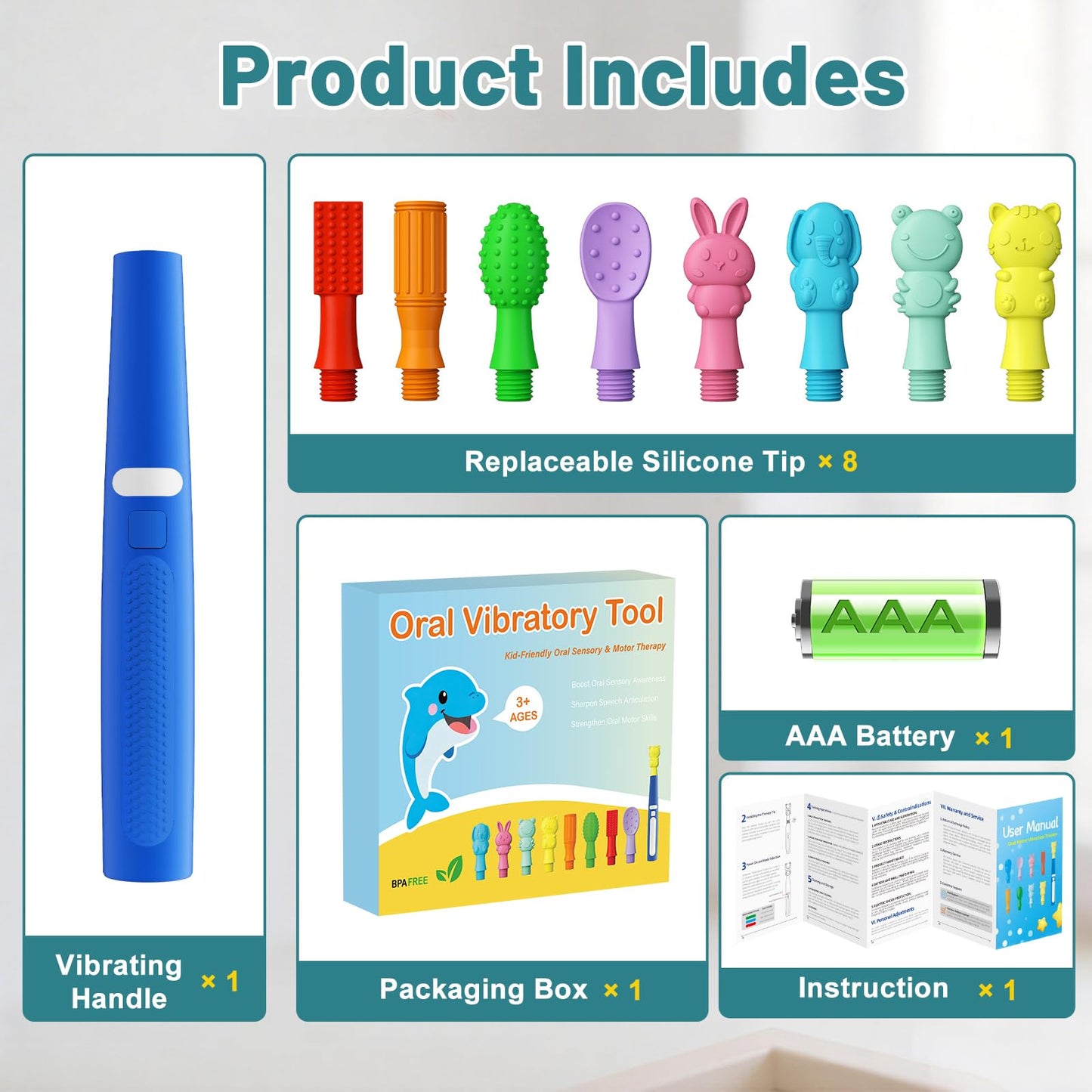Oral Sensory Vibration Tool Oral Motor Sensory Stimulation Kit with 8 Textured Silicone Heads, 3 Vibration Modes for Autism, Speech Therapy, Self Feeding Stimulation & Calm Sensory Needs - Blue