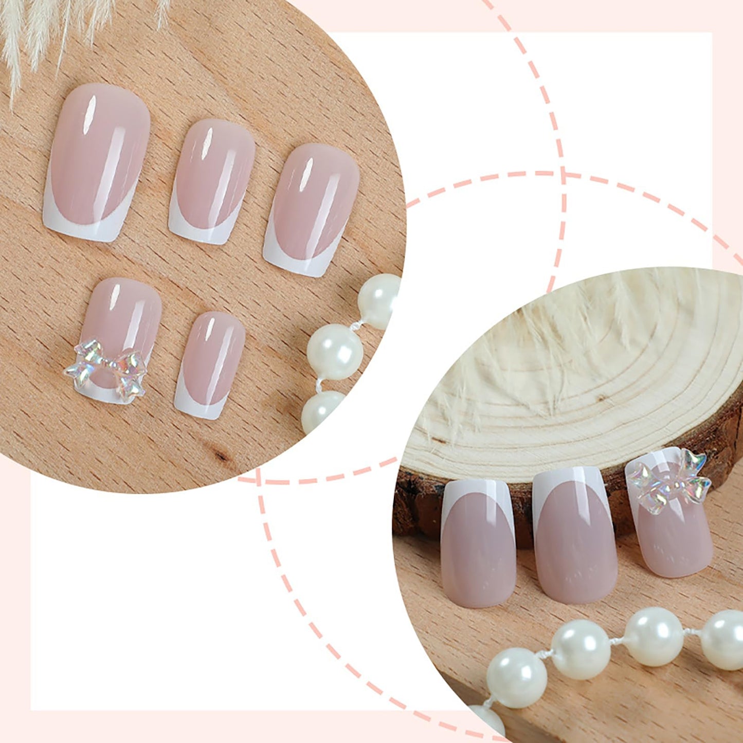 Medium Square Press on Nails with Designs White French Tip Fake Nails Nude Pink Nails Press ons Acrylic Nails False Nails Glossy Artificial Full Cover Stick on Nails for Women Girls 24 Pcs