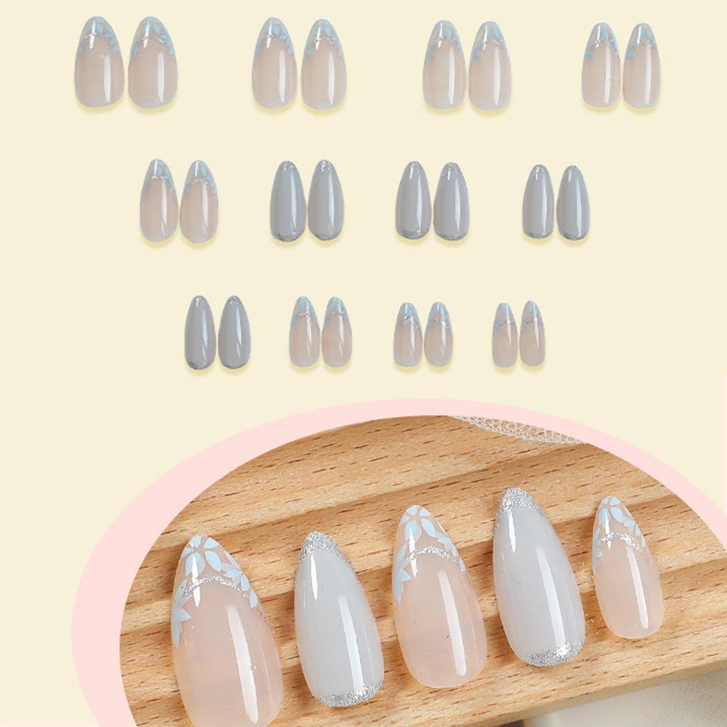 IMSOHOT Press on Nails - Gray Blue | Medium Almond Fake Nails, Glitter, Flower Glossy False Nails - Acrylic Gel Glossy Glue on Nails | 12 Sizes - 24 Nail Kit