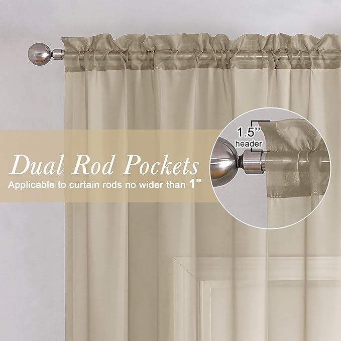 Lecloud Taupe Sheer Curtains 120 Inches Long 2 Panels Set, Rod Pockets Light Filtering Curtains for Living Room Bedroom Dining Room, Solid Color Airy Voile Rustic Drapes, Each Panel 59" W x 120" L