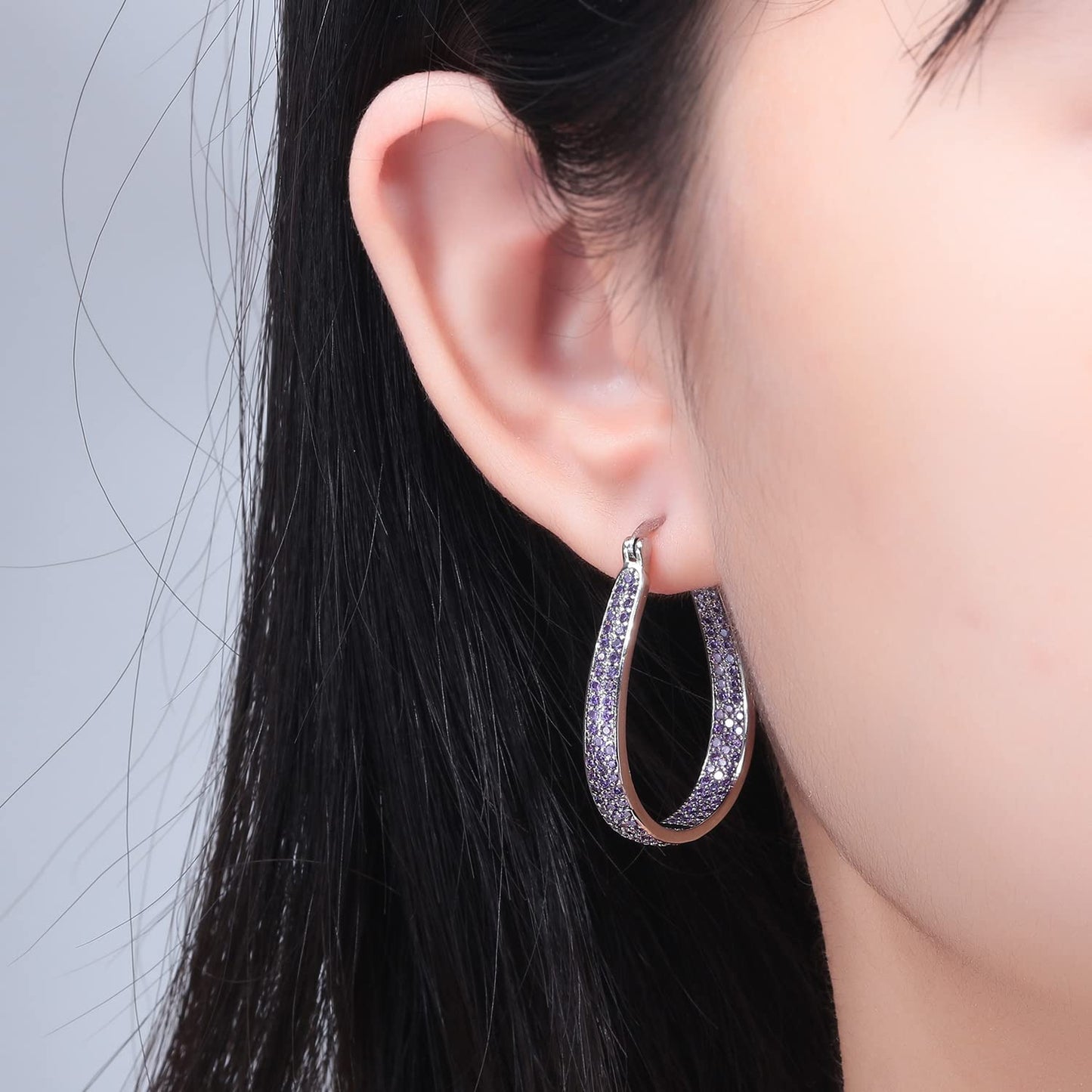 CiNily 925 Sterling Silver Post Hoop Earrings for Women Light Purple Cubic Zircon Hoop Earrings 14K White Gold Plated Oval Chunky Gemstone Hoop Earrings Jewelry