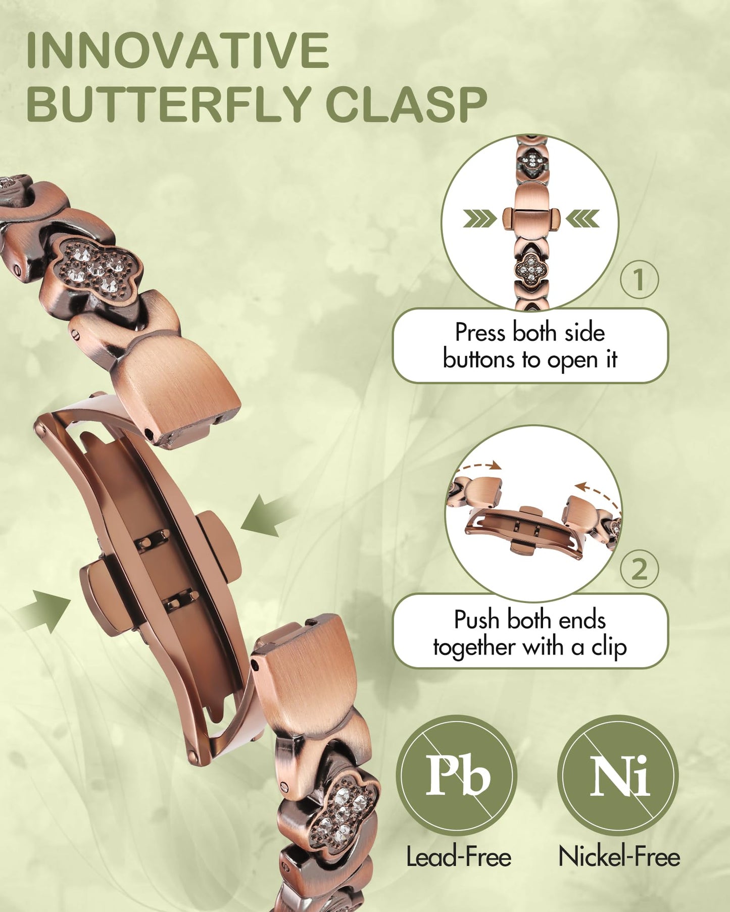 Feraco Pure Copper Bracelets for Women, 5X Ultra Strength Magnetic Bracelet with 5000 Gauss Neodymium Magnets & Upgraded Butterfly Clasp, Adjustable Jewelry Gift (Copper Clover)