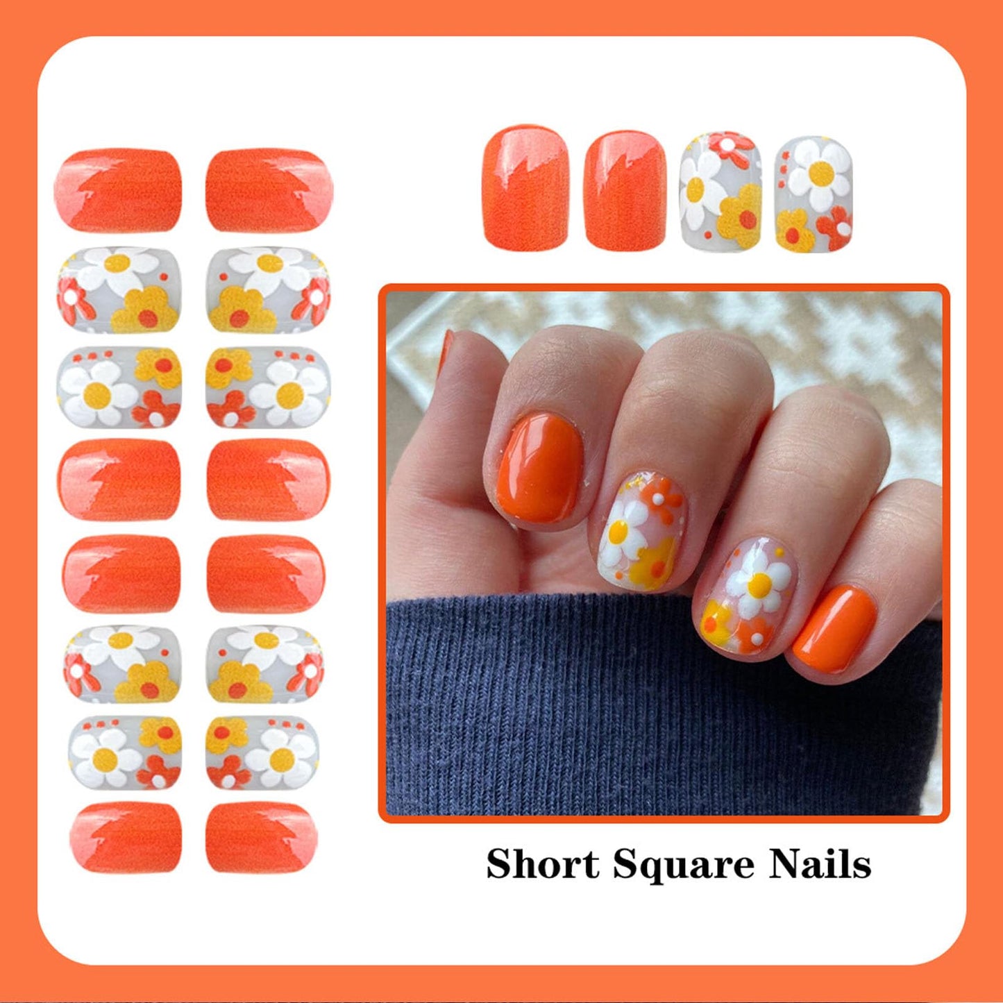 Yellow Press on Nails Short Square Fake Nails with Summer Flower Design False Nail Press ons White Glossy Glue on Nail Artificial Acrylic Manicure Set for Women 24Pcs