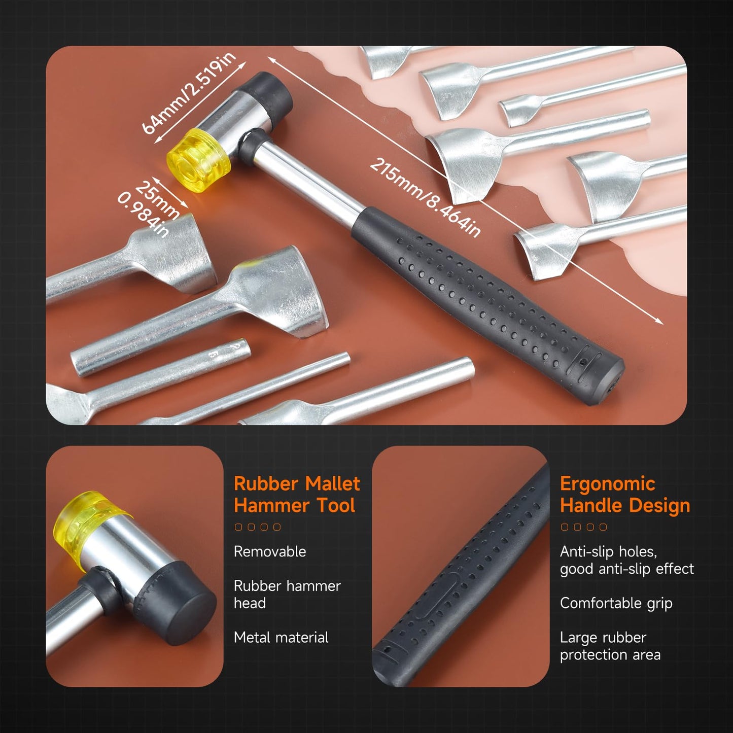 15 PCS Leather Corner Punch Set, Half-Round & End Punch 10-40mm, Alloy Steel Leather Craft Kit with Double Sided Nylon Hammer for Belts, Purses, Wallets, Watch Straps & DIY Projects