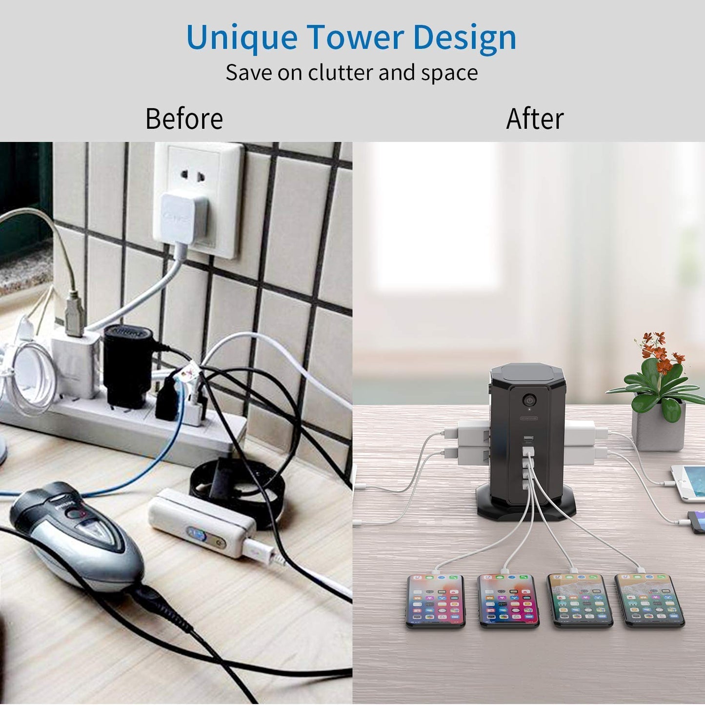 NTONPOWER Desktop Power Strip and Tower Power Strip with USB Bundle, Black Extension Cord for Home, Office, Dorm Essential