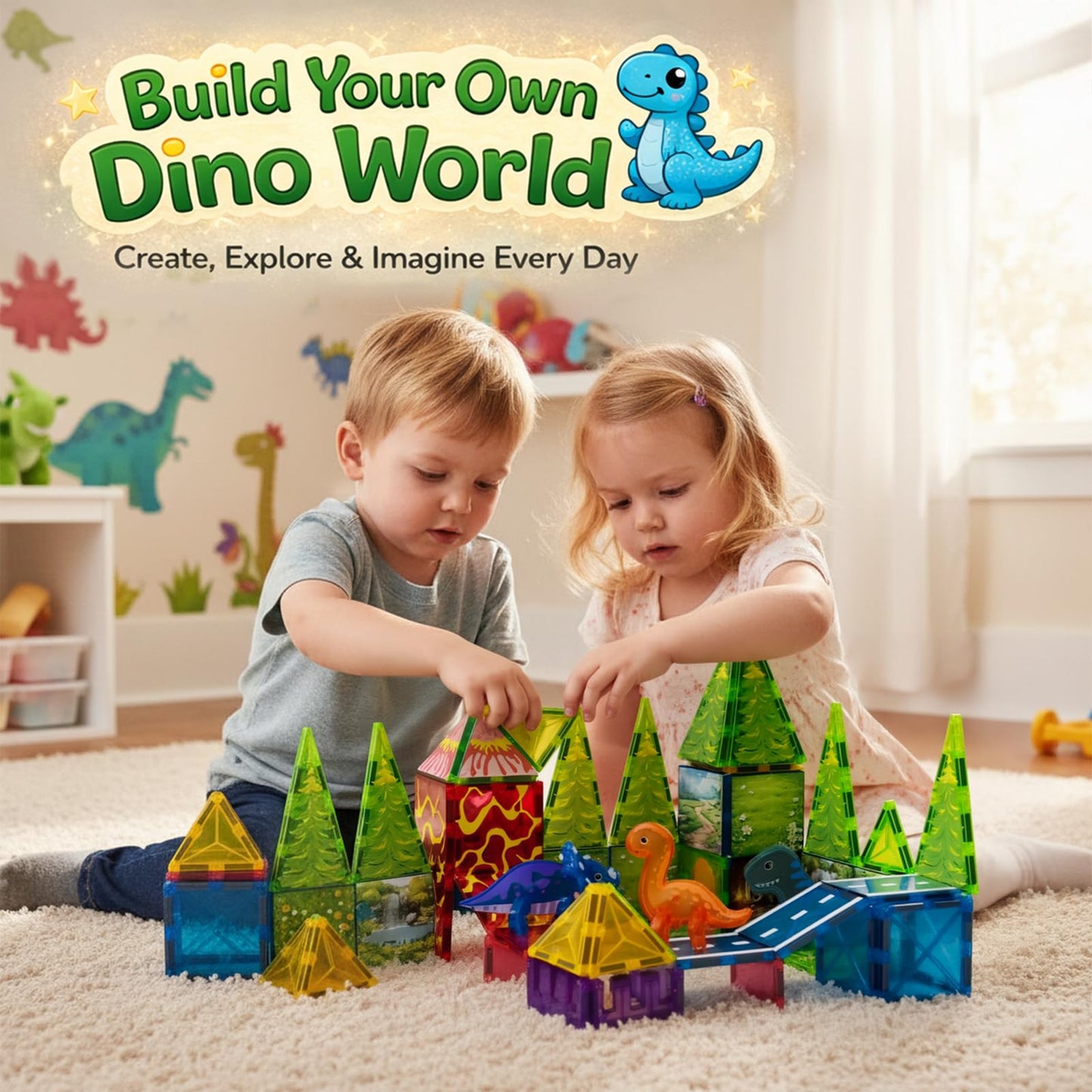 LATI Magnetic Tiles Dinosaur Building Set, Dino World Magnet Blocks with Double-Sided Egg Hatch Story, STEM Construction Toy for Kids Ages 3+, Educational Gift for Boys & Girls
