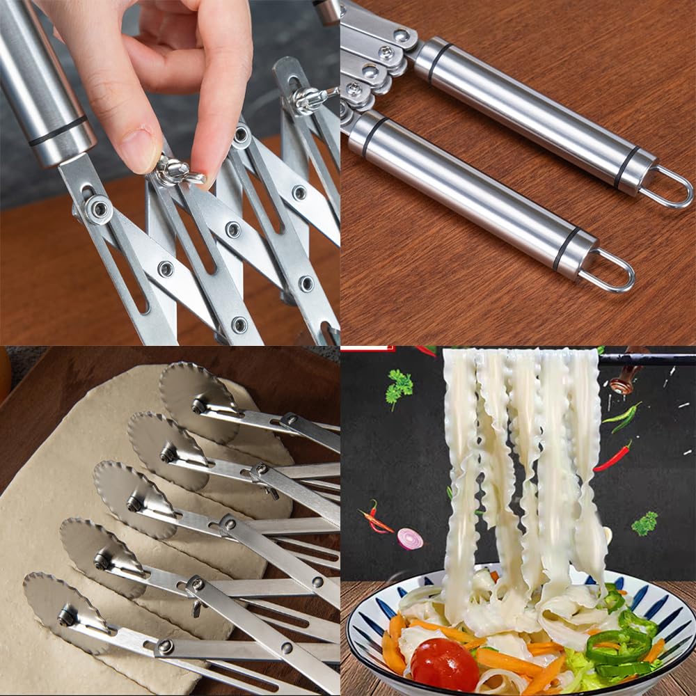 MTOMDY 5-Wheel Pastry Knife,Spaghetti And Noodle Slicer, Stainless Steel Fluted Pasta Crimping Wheel Dough Crimper Cutter Roller Ravioli Maker Tool for Pizza Noodle Cracker(with handle)