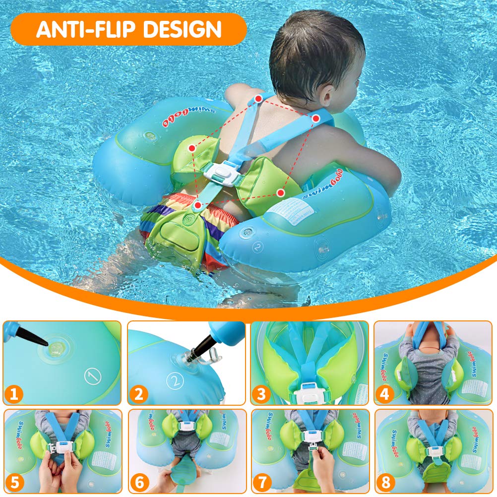 New Upgraded Swimbobo Baby Swimming Float Kids Inflatable Swim Ring with Safety Support Bottom Swimming Pool Accessories for 3-36 Months (Blue, L)