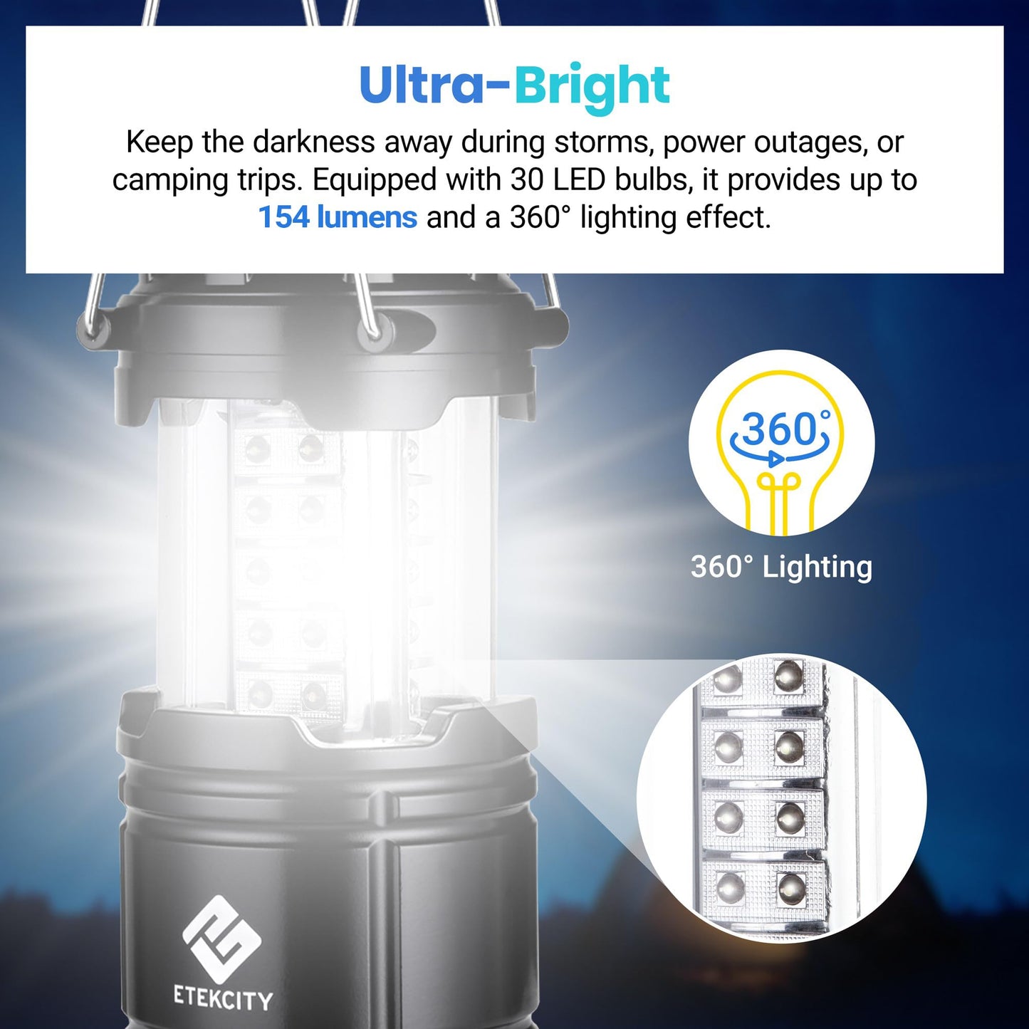 Etekcity Camping Lanterns for Power Outages 4 Pack, Flashlight for Camping Essentials, Survival Kit and Gear, Hurricane Preparedness Items, Emergency Led Battery Operated Lights, Black