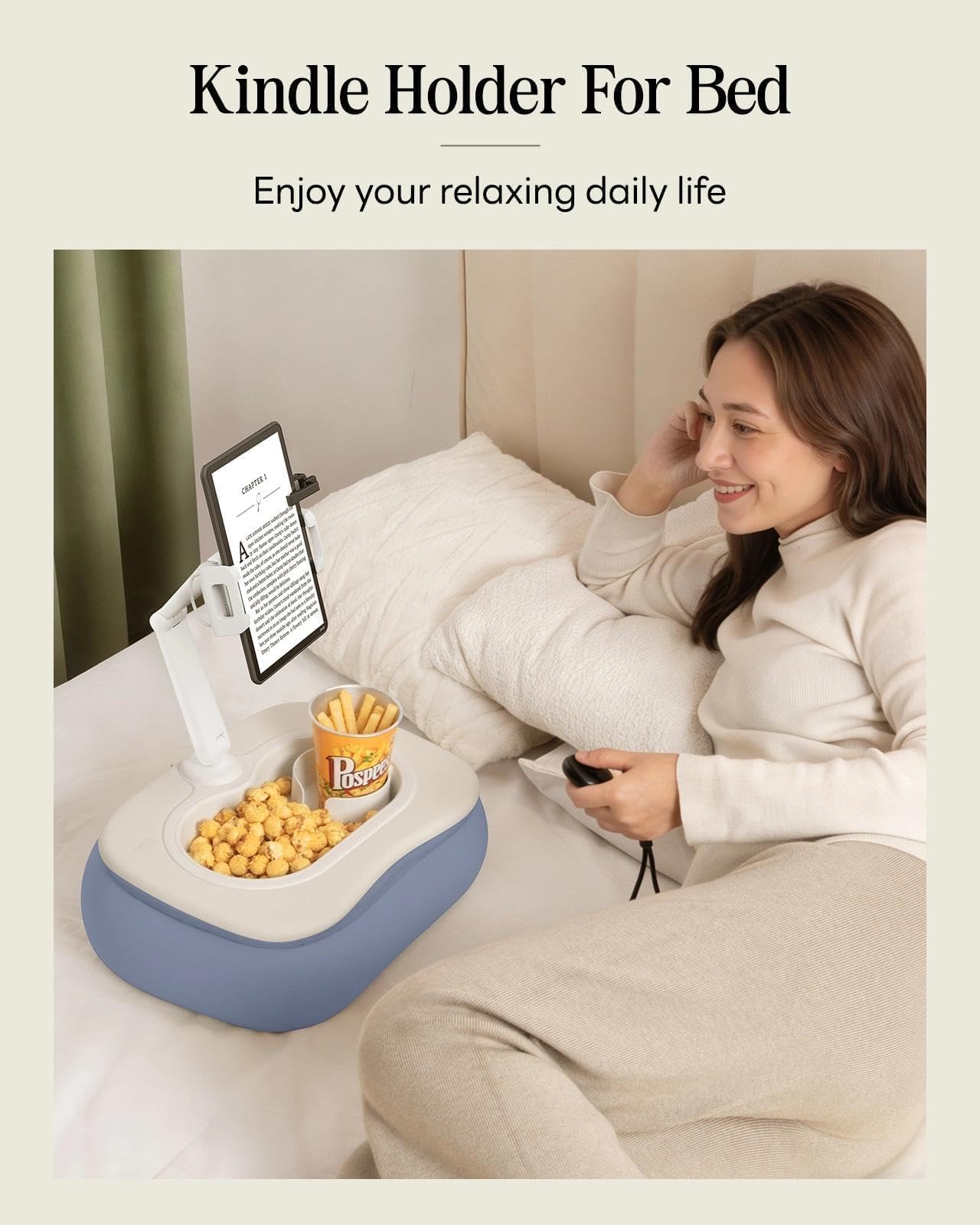 SAIJI Tablet Pillow Stand for Bed, Stable iPad Holder with Food-Grade Snack Bowl, Adjustable Kindle Pillow Stand for Reading, Suit for 4.7-15.6" Kindle,iPad,iPhone,Tablet,Blue
