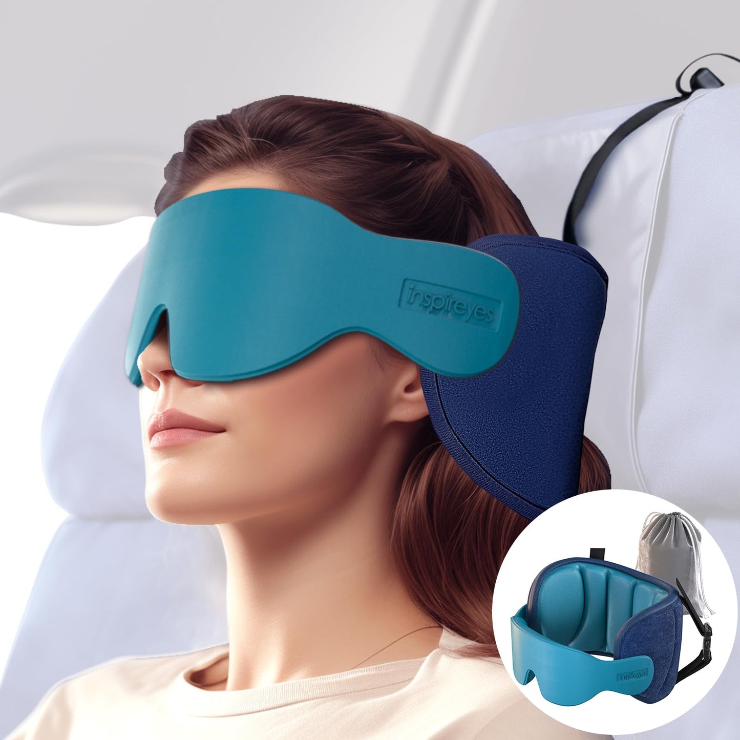 Inspireyes Travel Pillows for Airplanes, 360° Head Support for Long Flight, Soft Airplane Pillow with 3D Eye Mask for Sleeping, Stop Bobblehead, Airplane Headrest Gadgets, Lake Blue