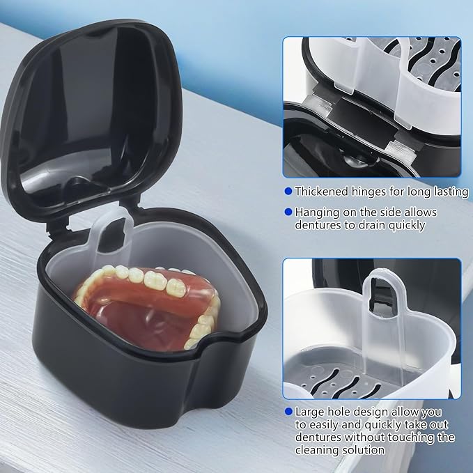 Denture Bath Case Retainer Cleaner Case with Strainer Basket, Denture Cup Dental Retainer Holder Case for Soaking Mouthguard Cleaning Storage Box Case - Black and White
