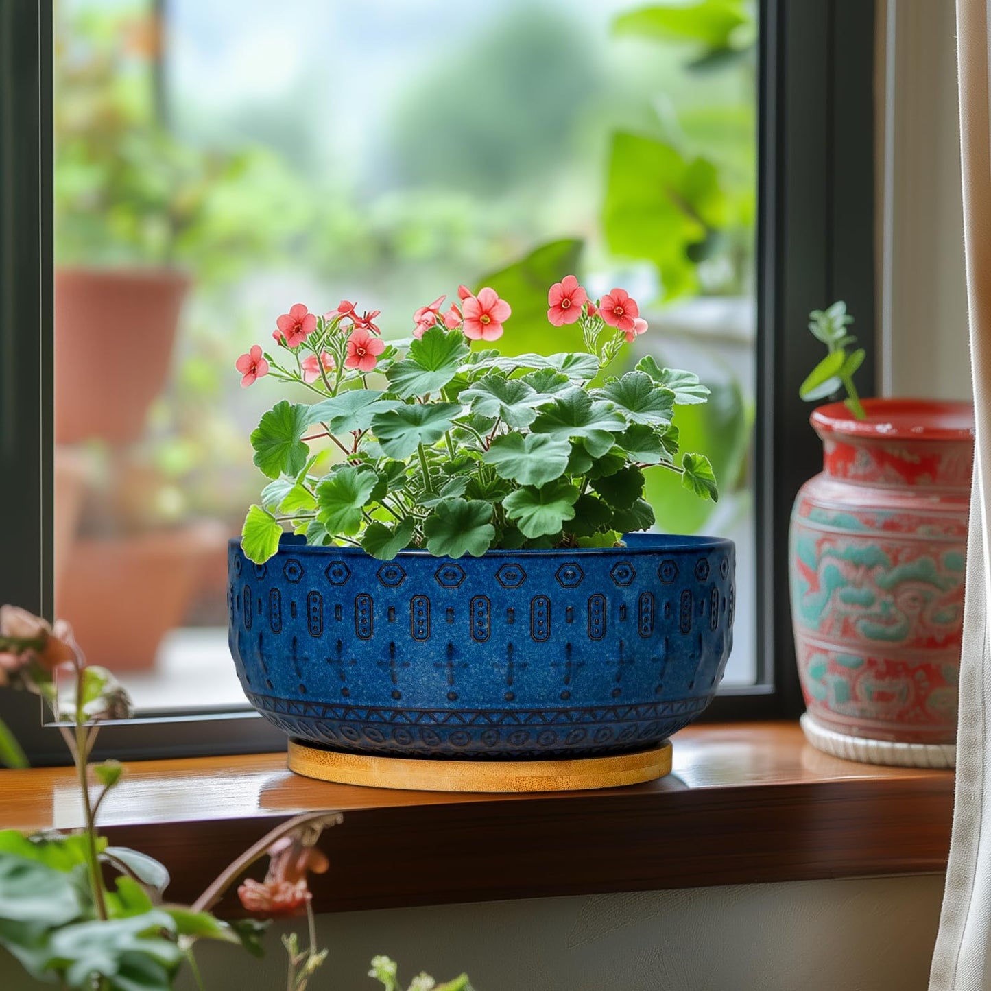 Fivepot Bonsai Pots - 8 Inch Ceramic Succulent Pots with Drainage Hole and Saucer, Planters for Indoor Plants, Modern Round Decorative Flower Planter, Home Decor, Housewarming Gifts, Blue