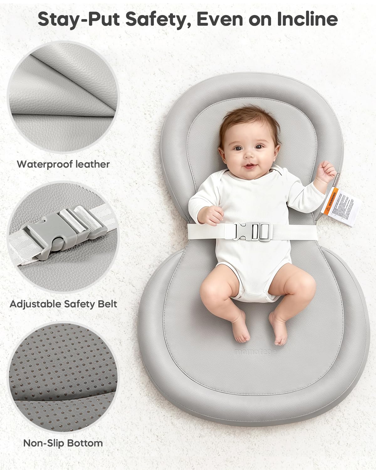 Waterproof Peanut Baby Changing Pad, Foldable Travel On-the-Go for Dresser & Changing Table, Wipe-Clean PU Diaper Pad with Non-Slip & Adjustable Safety Belt, 24"x16", Gray