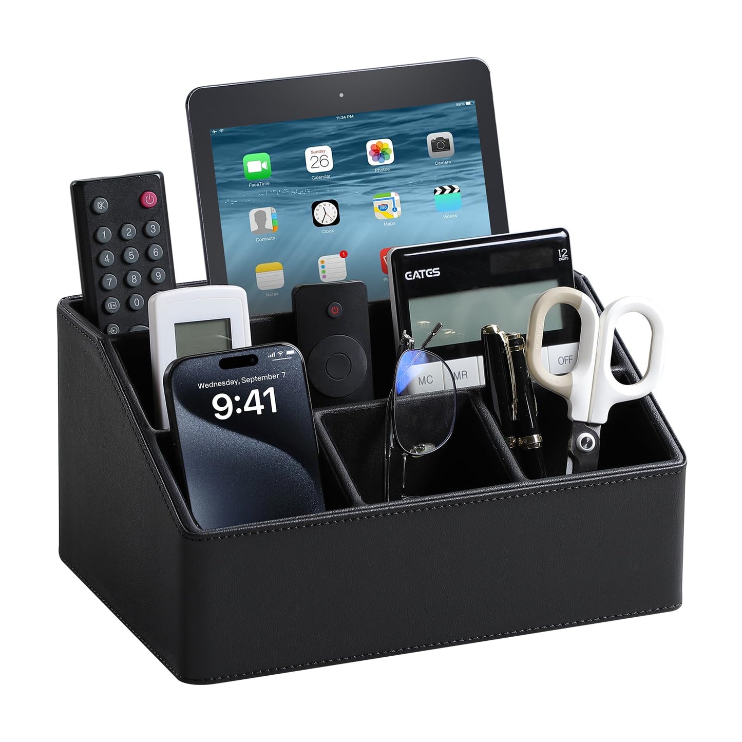MEIBOOCH PU Leather Desk Organizer, Luxury Remote Control Holder for Home, Office Desk Accessories Table Caddy Bedside Nightstand Organizer (Black)
