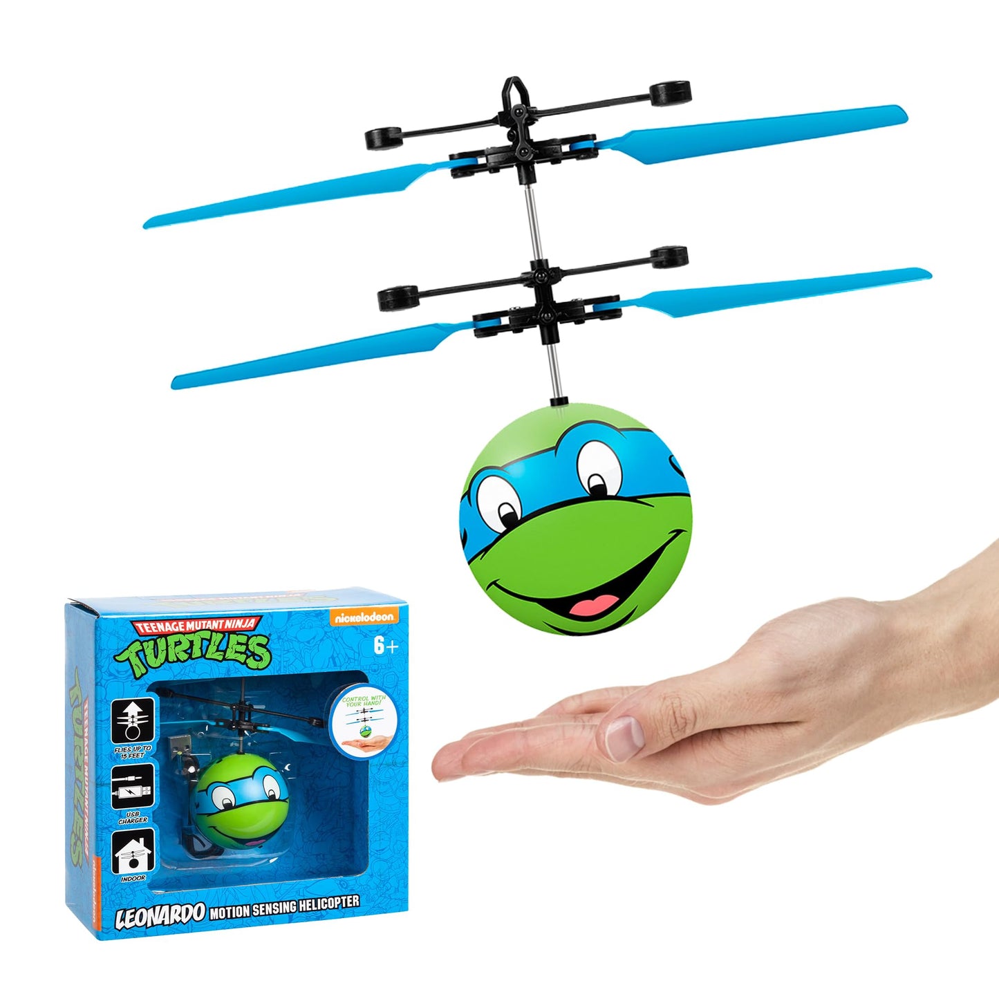 World Tech Toys Ninja Turtles Leonardo Flying Toy – Motion Sensing Flying Ball with USB Charging - TMNT Licensed - Indoor/Outdoor Drone for Kids Ages 6+