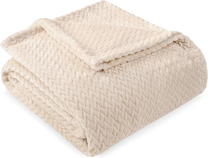 PAVILIA Soft Fleece Ivory Cream Throw Blanket for Couch, Lightweight Plush Warm Blankets for Bed, Fuzzy Cozy Flannel Blanket Throw for Sofa, Travel, Jacquard Pattern, Ivory/Cream, 50x60 inch