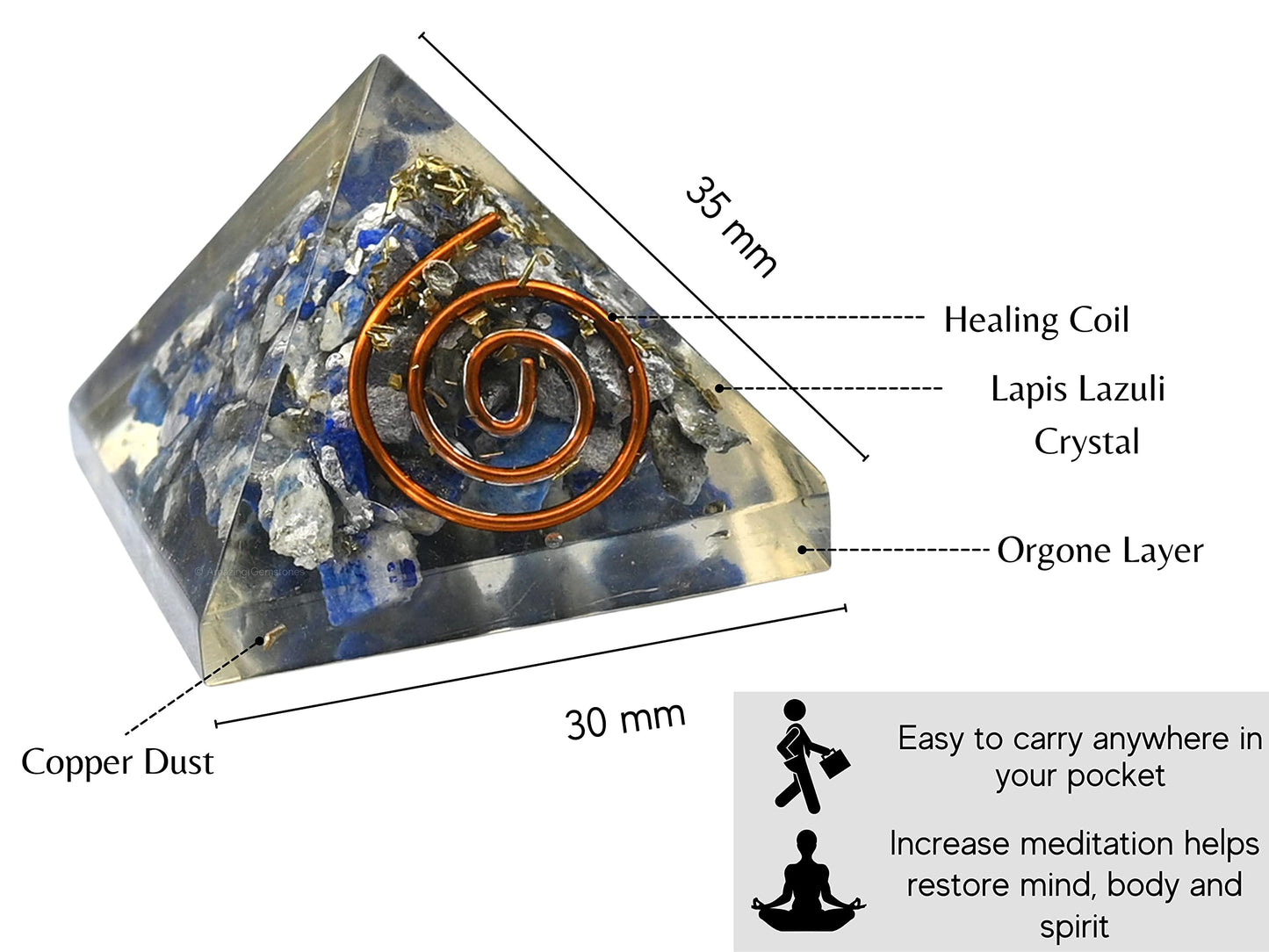 Amazing Gemstone Lapis Lazuli Orgone Pyramid - 30mm Small Orgonite Pyramids with Crystals and Healing Stones - Authentic Organite Gifts