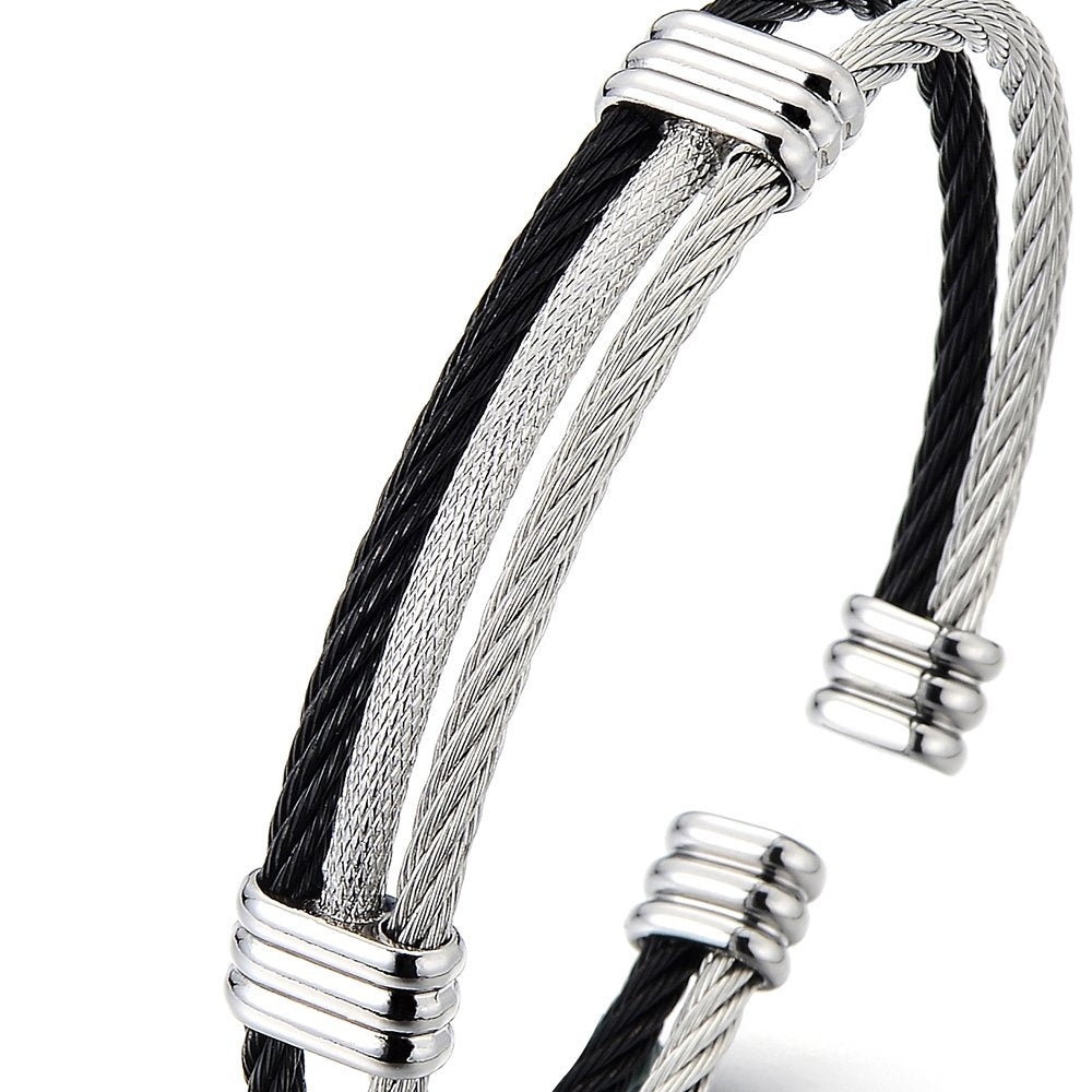 COOLSTEELANDBEYOND Mens Womens Stainless Steel Twisted Cable Adjustable Cuff Bangle Bracelet Silver Black Two Tone