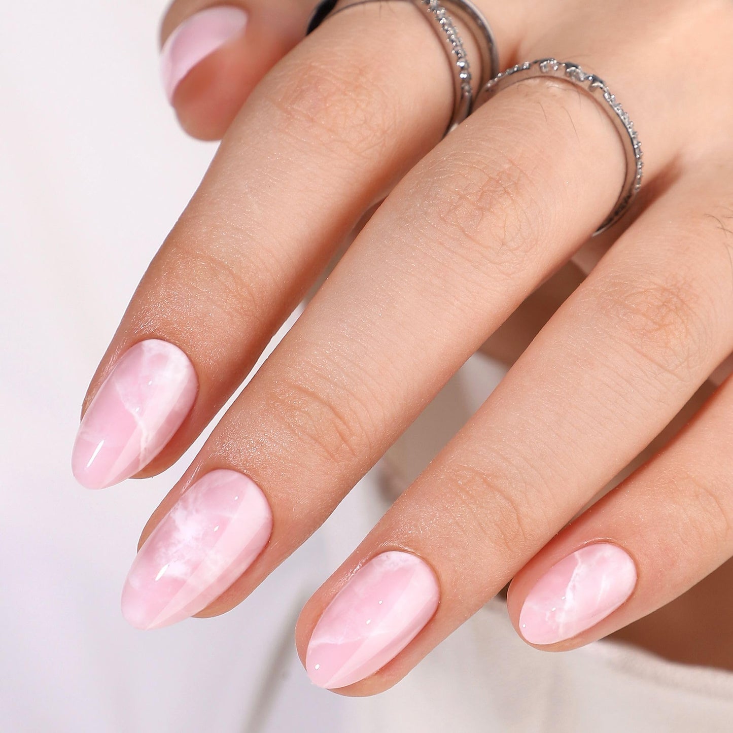 RTKHFZE Press on Nails Short-Pink Marble Press On Nails Almond,Short Fake Nails with Glue,Almond Stick On Nails,Glue On Nails in 16 Sizes - 32 Pcs Soft Gel Fake Nails Kit for Gift Idea