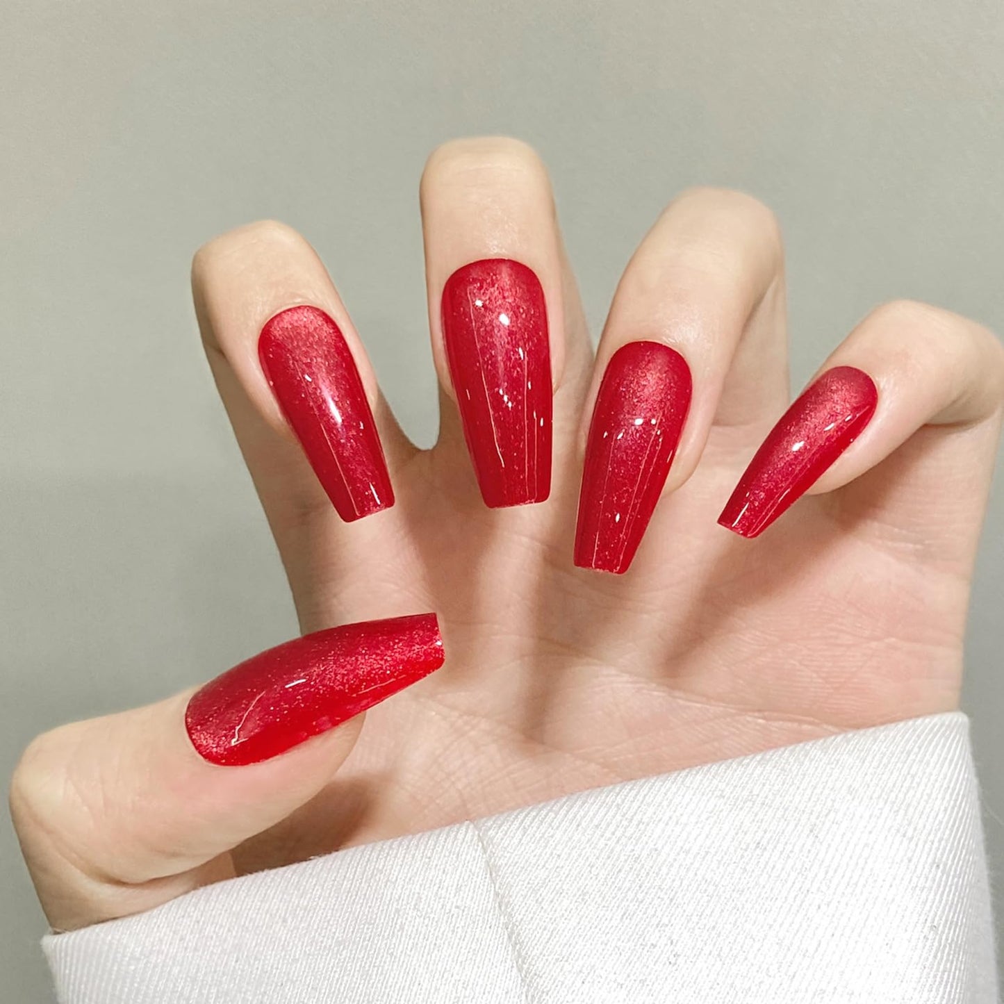 Dark Red Cat Eyes Press On Nails,12 Sizes-24 Pcs Soft Gel Red Medium Coffin Fake Nails Kit with Nail Glue, Natural Reusable Stick On False Nails for Women and Girls SK1000