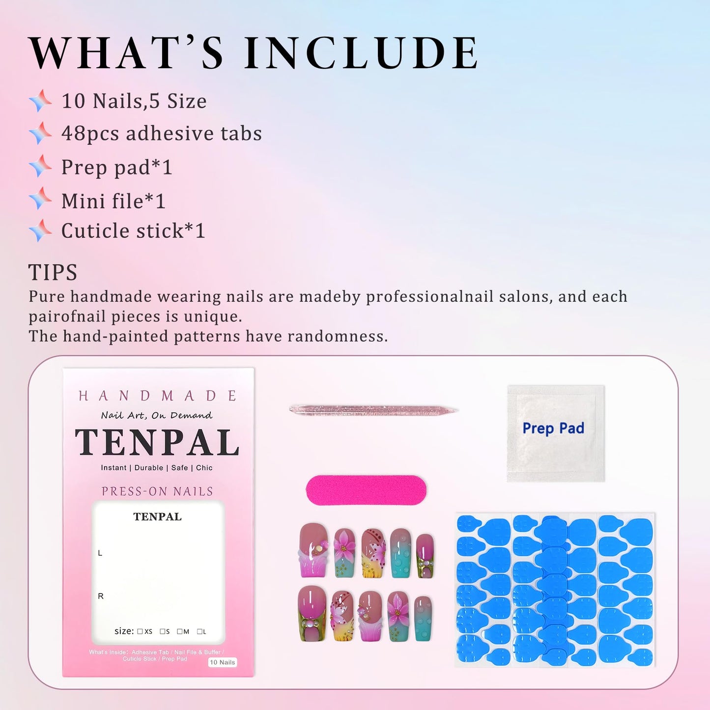 TENPAL Medium Square Press on Nails - Magenta Navy Blush Ombre 3D Floral Design Y2K Glossy False Nails for Women Girls, Acrylic Soft Gel Handmade Square Nails(S)