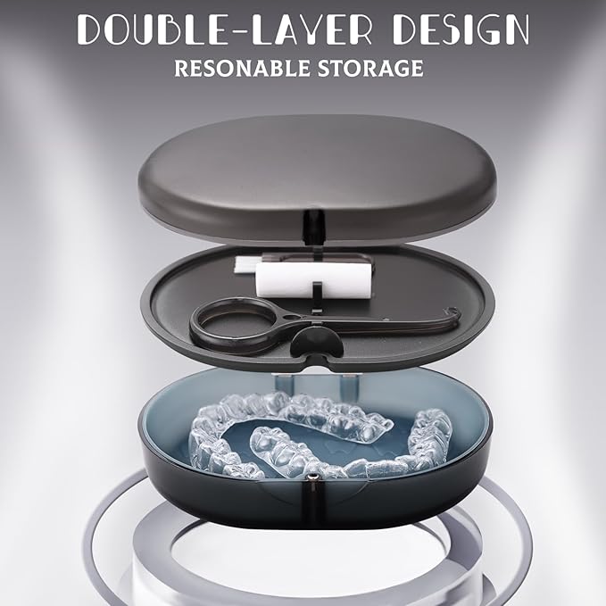 New Double-layer Retainer Storage Case with Belt Chewing,Removal Tool,Cleaning Brush,Built in Mirror Orthodontic Retainer Case